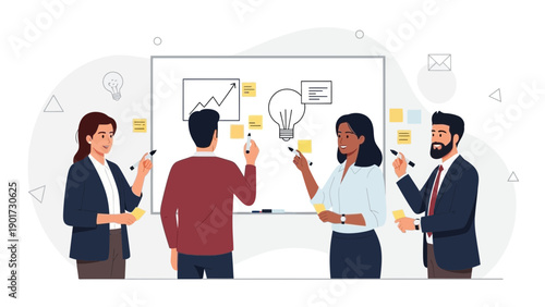 Diverse business team brainstorming ideas on whiteboard, planning strategy, collaboration