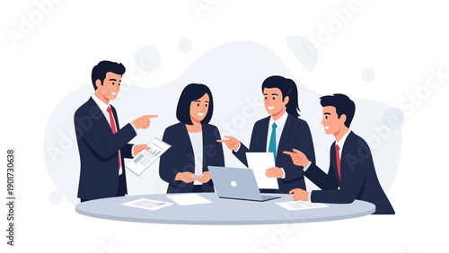 Diverse business team collaborating and discussing ideas around a meeting table.