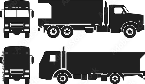 Dump truck silhouette vector icons set showing front and side views for construction transport illustration heavy duty industrial vehicles collection