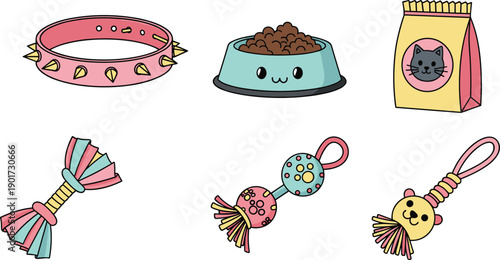 Cute kawaii pet accessories set, cartoon cat dog toys food bowl collar treats, colorful animal supplies illustration isolated on white background vector