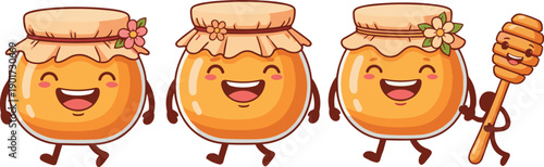Cute kawaii honey jar characters with flowers and dipper, smiling sweet food mascots, playful cartoon illustration isolated on white background vector