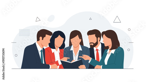 Diverse business team collaborating on a project, discussing a document.