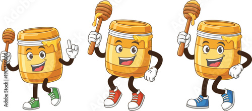 Cute cartoon honey jar characters walking with dipper, smiling sweet food mascots, playful honey illustration isolated on white background vector