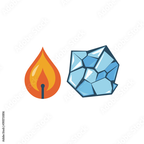 Fire flame and ice crystal icons, hot and cold elements vector for weather app, safety poster, kitchen label, science design