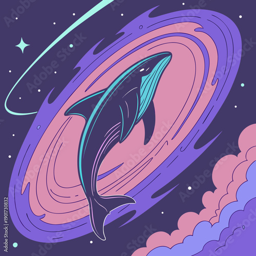 Purple dolphin in pink purple nebula with clouds and stars