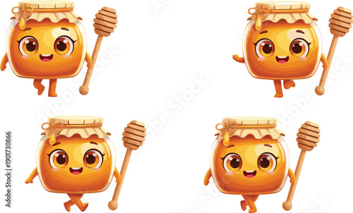 Cute kawaii honey jar character poses with dipper, smiling sweet food mascots, playful cartoon illustration isolated on white background vector