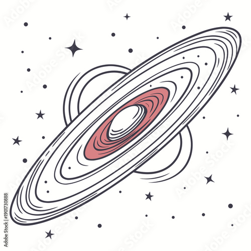 Spiral galaxy with red center and black lines on white background