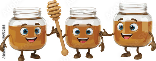 Cute cartoon honey jar characters set holding dipper, smiling sweet food mascots, playful honey illustration isolated on white background vector
