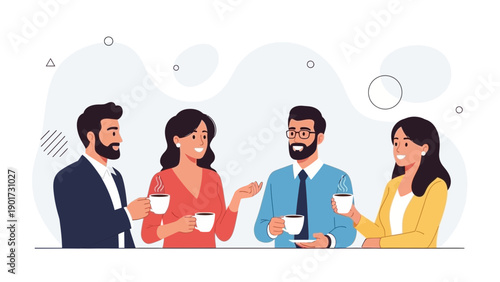 Diverse colleagues enjoying coffee break and casual conversation at work