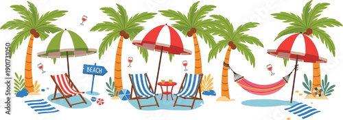 Tropical beach vacation illustration with palm trees beach umbrellas deck chairs hammock and summer cocktails isolated on grey background