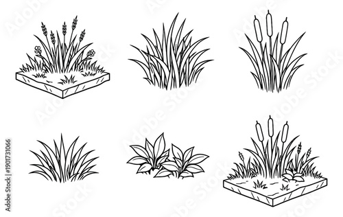 Hand drawn line art grass and plant set featuring various bushes, cattails, and wheat for nature and landscape design