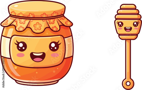 Cute kawaii honey jar character with dipper, smiling sweet food mascot illustration isolated on white background vector cartoon playful adorable