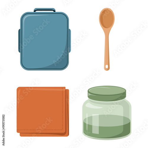 Sustainable lunch kit vector, metal lunchbox, cloth wrap, pantry jar, community picnic branding, waste free lunch challenge, sustainability session schedule