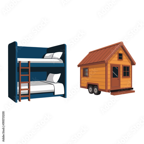 Tiny house and bunk bed icons, mobile cabin lodging illustration for glamping site, camper lifestyle, small space living design
