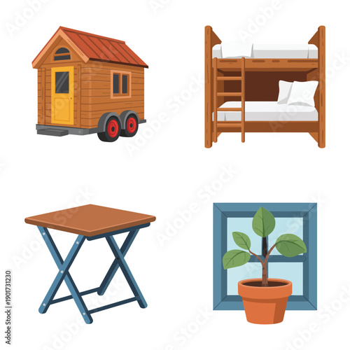 Tiny house on wheels, bunk bed frame, folding table and window plant, space saving furniture icons for cabin living, camping
