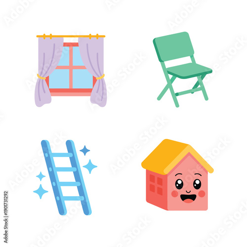 Home decorating elements vector set with window curtains, step ladder, folding chair, mini house, spring refresh season, housewarming party promotion