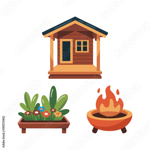 Porch cabin with planters and fire bowl, backyard patio scene icon for camping, glamping site, garden party, outdoor living design