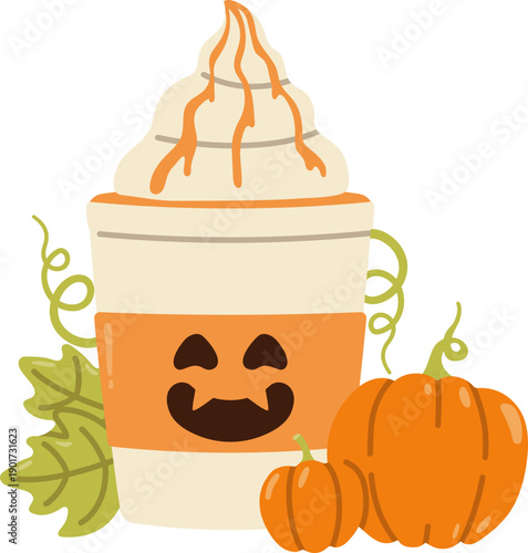 Festive Iced Pumpkin Spice Coffee, Autumn Drink Latte with Whipped Cream