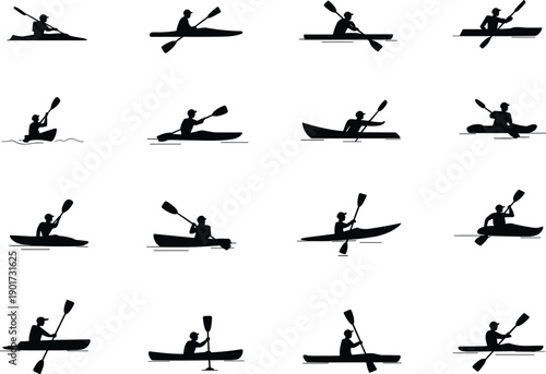 Kayaking silhouette collection, outdoor sport paddling, canoe adventure icons, black kayak vector set, water activity flat illustration