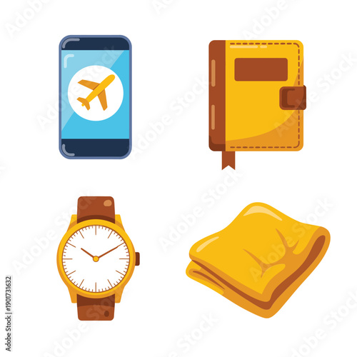 Travel planning kit with smartphone flight icon, journal notebook, wristwatch and pillow, trip preparation vector for vacation checklist design