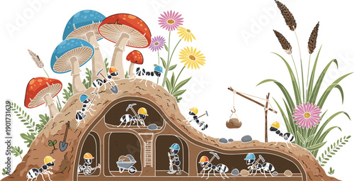 Cute cartoon ants building underground colony cross section, teamwork insect workers with tools, educational illustration isolated on white background vector
