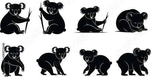 Koala silhouette, sitting koala, climbing koala, walking koala, resting koala, wildlife vector, Australian animal, nature illustration, wild mammal, animal pose art