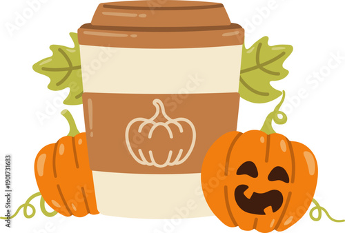 Hot Pumpkin Spice Latte, Autumn Drink in a Paper Cup with Halloween Pumpkins