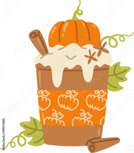 Pumpkin Spice Latte with Cinnamon, Fall Drink in Paper Cup