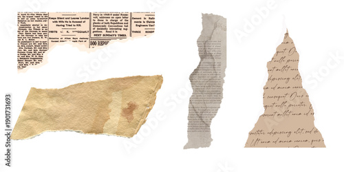 Set of Vintage Torn Newspaper Scraps and Old Paper Pieces with Handwritten Script