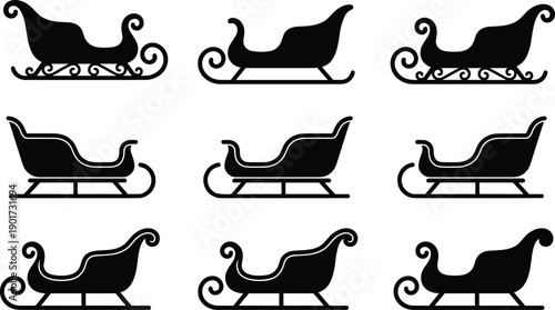 Large set of nine various black silhouette vector icons and symbols, featuring Santa Claus sleds and Christmas sleighs with decorative scrolls, representing 