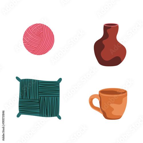 Craft hobby icons with yarn ball, knitted square, ceramic vase and warm mug, handmade workshop poster, cozy winter project design