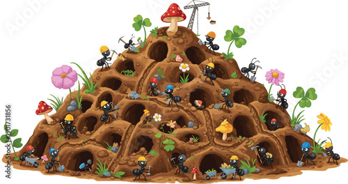 Cute cartoon ants building underground colony, teamwork insect workers digging nest tunnels, construction concept illustration isolated on white background vector