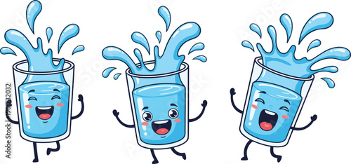 Cute happy cartoon water glass characters, smiling hydration mascots with splash, playful kawaii drink illustration isolated on white background vector