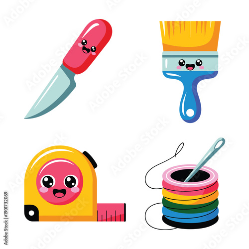 DIY tools vector set with craft knife, brush, tape measure, thread spools, paint bucket, back to school art supply promotion