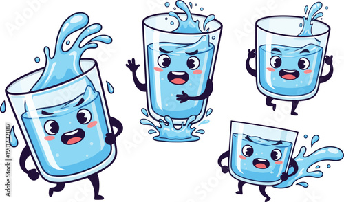 Cute cartoon water glass character set, funny smiling hydration mascot illustration, playful kawaii drink concept isolated on white background vector