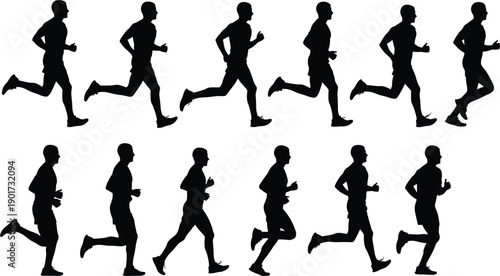 Male running silhouettes sequence, athlete jogging motion poses, fitness training marathon runner collection, isolated white background, sport exercise vector illustration