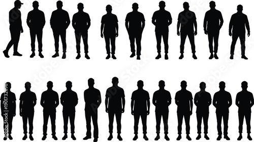 Male silhouette, standing man, black outline, different poses, casual clothing, group of men, human figure, isolated, front view, side view, modern guy, t-shirt, 