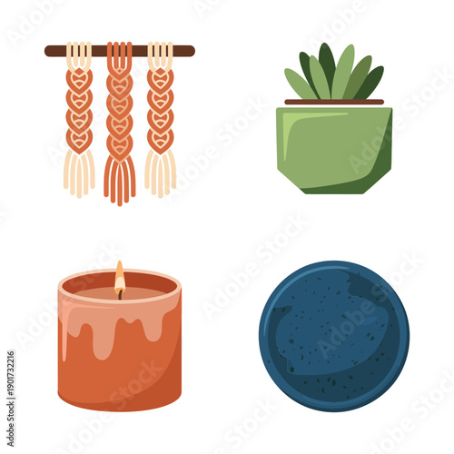 Bohemian decor set, macrame hangings, succulent pot, beeswax candle, coaster, lifestyle market booth styling, home refresh session, gift workshop