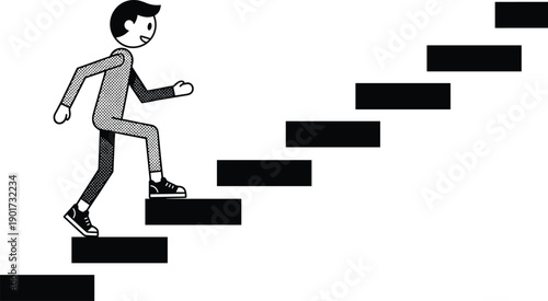 Man climbing stairs illustration representing career growth, success journey, motivation, progress concept, achievement steps, personal development, isolated on white background