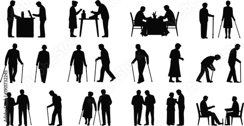 Black Silhouette Set of Elderly People Seniors with Walking Canes in Various Activities for Retirement Care and Nursing Home Design