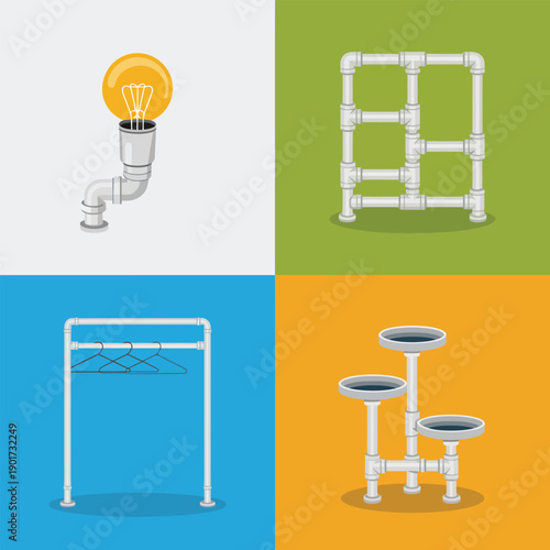 Modular pipe frame furniture concepts, shelving and racks, blueprint planning session, makerspace build day, upcycling workshop, industrial home decor