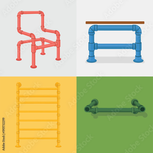 Pipe furniture builds, benches and ladders, DIY home decor challenge, makerspace open build session, hardware sharing library, weekend project event