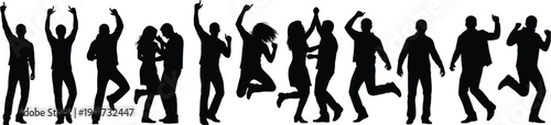 Black Silhouettes of People Dancing and Celebrating in a Crowd for Party Nightlife Event Club Music Festival and Group Celebration Graphic Design Elements