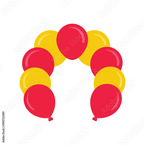 Balloon arch illustration, red and yellow garland for festival entrance, birthday party backdrop, event decoration session vector design template