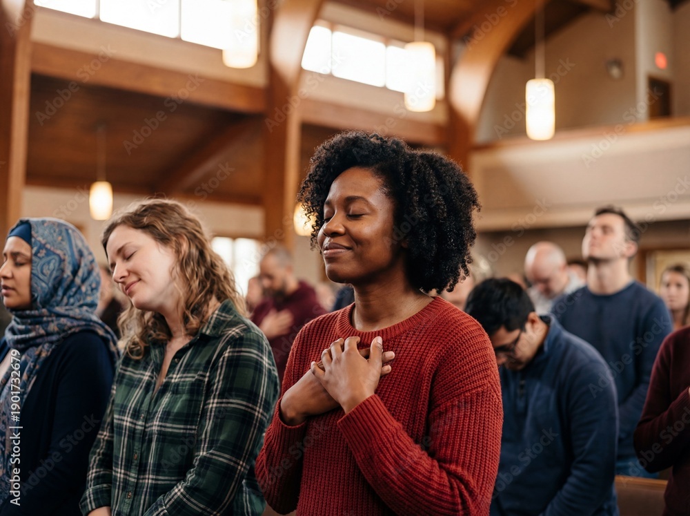 Fototapeta premium Diverse group of people praying with eyes closed inside a modern church sanctuary during worship