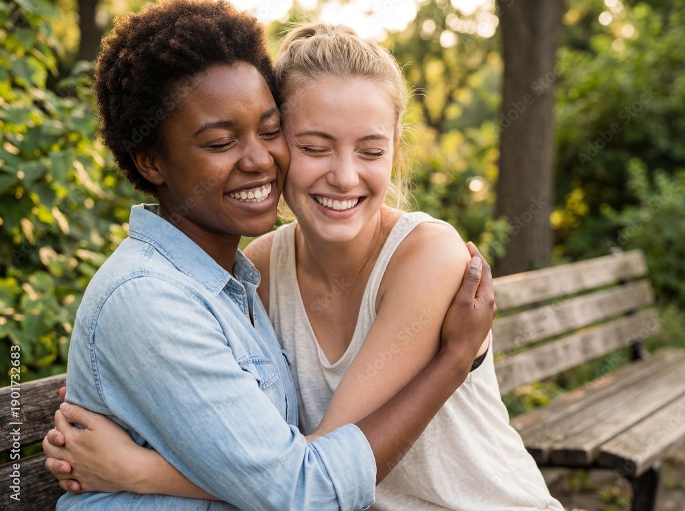Fototapeta premium Happy diverse female friends hugging with eyes closed sitting on a park bench outdoors