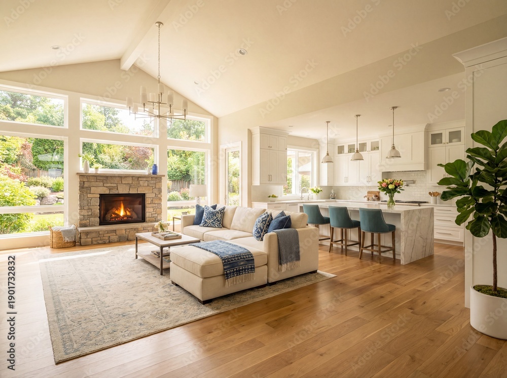 Fototapeta premium Luxurious open plan living room with stone fireplace white kitchen and large windows overlooking garden