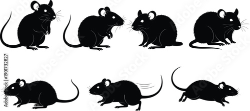 PrintMouse silhouette vector set, black rodent shapes, animal poses, wildlife clipart, pest control icons, rat illustrations, isolated design elements