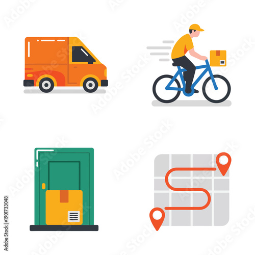Urban delivery set with van, bicycle courier, parcel locker, map pin, sustainable logistics week, eco shipping session, city courier branding.