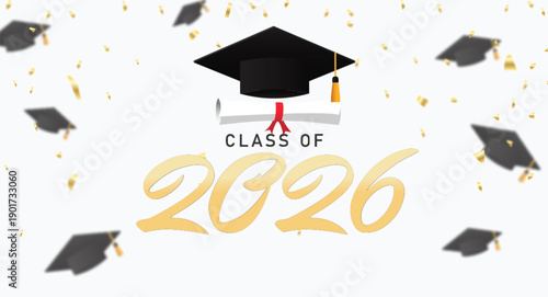 Class of 2026 graduation Festive design with black mortarboard caps tossed with gold confetti. Graduation concept banner